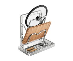 Organizador de tapa de sartén, soporte de cuchara de acero | Con bandeja de goteo extraíble, organizador de tapa para espátula, cocina, hornear, secado en casa, cocina, despensa