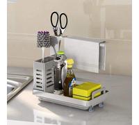 Organizador de utensilios de acero inoxidable para cocina y baño, con escurridor, superficie de trabajo adhesiva, esponja-cepillo de doble uso y soporte para jabón