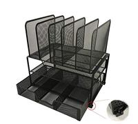 Organizador del escritorio en metal negro. RESISTENTE con material antideslizante y antiarañazos. Diseño ELEGANTE. 1 cajón para suministros de oficina. 1 bandeja horizontal y 5 secciones verticales