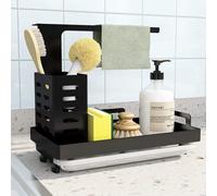 Organizador para fregadero Unyqoos® de acero inoxidable cepillado: 2 tipos de montaje, escurridor, barra para toallas, compartimentos para esponjas y cepillos, base antideslizante