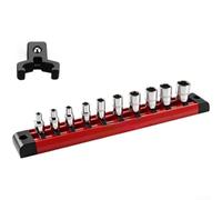 Organizador profesional de bandeja de enchufes para herramientas de taller, riel de clip ajustable para juegos de unidades de 1/4, 3/8 y 1/2, soporte de almacenamiento de PVC resistente de 34 cm, rojo