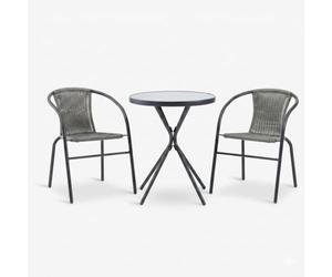 Orion91oficial® - Balcony Set for 2 People Graphite Gray Table + 2 Chairs Steel and Tempered Glass Table ø60 x Height 70 cm Chair with armrests Steel and Synthetic Rattan… - Set Mesa + 2 Sillas