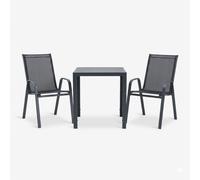 ORION91oficial® - Conjunto Mesa y 2 Sillas de Jardín | Mesa: Aluminio y Madera Artificial | A70 x L70 x A74 cm | Silla: Acero y Textilene | Apilable - spaziORION91