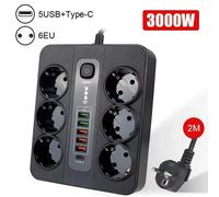 ORION91oficial® - Enchufes 6AC, Regleta Negro con 4 puertos USB, + 2 tipo C, + 6 enchufe Schuko, 2 Metros de cable, adaptador de filtro de red - spaziOrion91