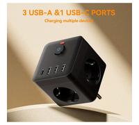 ORION91oficial® - Múltiple Clavija Enchufe 7 en 1 Negro, Protector contra sobretensiones, 3 salidas de CA, 3 USB, 1 tipo C, Carga Rápida - spaziOrion91