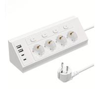ORION91oficial® - Regleta de Esquina 8 en 1 | 4 Switch | 2 puertos USB - A | 2 USB - C | 4 Enchufes Schuko Control Individual | 1,5 Metros de Cable | Color Blanco | Adecuada para hogar | Oficina | Com