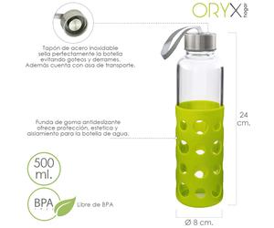 Oryx botella agua fabricada en cristal con funda de goma y tapon antig