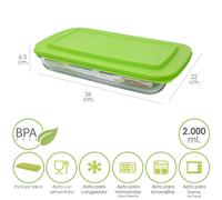 Oryx Hogar Fuente de cristal rectangular con tapa 2 litros 36 x 22 x 6.5 (alt) cm