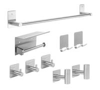 ORZAC®️ Accesorios Baño Sin Taladro Set 9 Piezas Acero Cepillado, Toallero y Portarrollos con Adhesivo o Tornillos, Ganchos