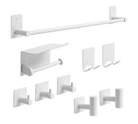 ORZAC®️ Accesorios Baño Sin Taladro Set 9 Piezas Blanco, Toallero y Portarrollos con Adhesivo o Tornillos, Ganchos de Pared