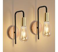 Osairous Apliques de Pared 2 Packs, Madera Lámpara de Pared Industria Vintage, Lámpara de Hierro Retro Negro para Interior Pasillos Sótanos Bares, IP20, E27, Sin bombilla
