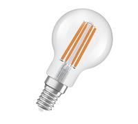 OSRAM Energy Class en forma clásica de mini bola, 2,2 W / 470 lm luz blanca cálida (2700 K), CRI 80, fabricada en vidrio transparente sin plomo, casquillo E14, IP20, 45 mm de diámetro.