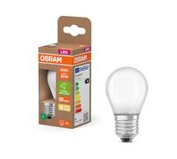OSRAM Energy Class en forma clásica de mini bola, 3,8 W / 806 lm luz blanca cálida (2700 K), CRI 80, fabricada en vidrio esmerilado sin plomo, casquillo E27, IP20, 45 mm de diámetro.