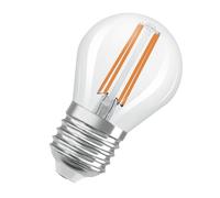 OSRAM Energy Class en forma clásica de mini bola, 3,8 W / 806 lm luz blanca cálida (2700 K), CRI 80, fabricada en vidrio transparente sin plomo, casquillo E27, IP20, 45 mm de diámetro.