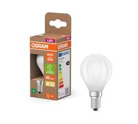 OSRAM Energy Class en forma clásica de mini bola, 3,8 W / 806 lm luz blanca cálida (2700 K), CRI 80, fabricada en vidrio esmerilado sin plomo, casquillo E14, IP20, 45 mm de diámetro.