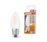 Lámpara LED OSRAM LED Star Classic en forma clásica de mini vela, luz blanca cálida (2700 K) con 5,5W / 806 lm, fabricada en vidrio esmerilado sin plomo, casquillo E27, IP20 35 mm de diámetro.