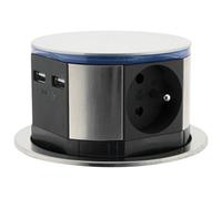 Otio - Regleta empotrable LED compacta 3 tomas 16A 2P+T y 2x USB - acero inoxidable