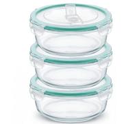 Otyma Set de 3 Recipientes Herméticos de Vidrio - Tápers de Vidrio con Tapa con Válvula - Aptos para Microondas, Frigorífico y Lavavajillas - (Redonda, 950, Mililitros)