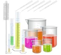 OTYMIOW 15PCS Kit de Probetas Graduadas y Vasos de Plástico con 5 Pipetas y 1 Cepillo para Tubos de Ensayo, Juego de Probetas Graduadas de Plástico Transparente, Herramientas de Medición Científica