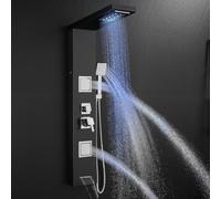 OUGOO Panel de ducha LED con grifo, columna de ducha, juego completo con ducha de lluvia, ducha de cascada, chorros de masaje, ducha de mano y salida de bañera, acero inoxidable, color negro