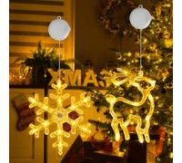 OUILA Luz Navideña, Luces LED con Copos de Nieve & Alce Navideño Luz Navidad Ventana Luces de Cortina Funciona a Pilas Luces de Navidad con Ventosa y Temporizador Adornos Navidad Balcon(Blanco Cálido)