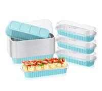 OUKEYI Paquete de 50 moldes desechables para hornear con tapas, 7.5 onzas, 6.5x2.5x1.2 pulgadas, mini moldes rectangulares para magdalenas, mini recipientes para hornear pan de brownie (Kaplan)