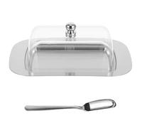 OUNONA Mantequera de acero inoxidable con tapa - Quesera rectangular transparente con tapa y espátula para nevera de cocina - Plato de mesa para servir el desayuno