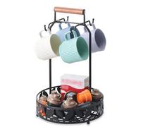 Ouseen Soporte para tazas para encimera con cesta de almacenamiento redonda, árbol 2 en 1 con capacidad para 4 tazas grandes, accesorios de barra de café y soporte para cápsulas de café para