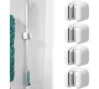 Ousuwo Juego de 4 soportes de pared para escobas y fregonas, autoadhesivos, sin taladrar, ganchos de almacenamiento para cocina, baño y garaje (color blanco)