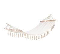 Outfit Hamaca blanca con flecos de polialgodón y barra de madera, 200x80 cm, soporta 120 kg