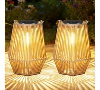 OUTONLIFE Set de 2 Faroles Solares Exterior, Colgantes o de Pie, Ratán con LED, Impermeables, Encendido/Apagado Automático, Artesanales y Decorativos para Jardín, Terraza, Balcón