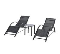 Outsunny 2 Tumbonas de Jardín 59x169x66 cm con Mesa de Café 41x41x45 cm de Vidrio Templado Reposabrazos para Patio Piscina Terraza Aire Libre Negro