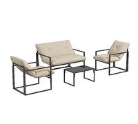 Outsunny 4 Piezas Juego de Terraza con Mesa de Vidrio Templado Beige | Conjunto de conversación exterior, sofá loveseat, 2 sillas con cojines, estructura metálica, para jardín, patio