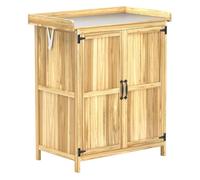 Outsunny armario de exterior de madera, caseta de jardín exterior con techo abatible de acero inoxidable, estante, 2 puertas, cobertizo de jardín para almacenamiento herramientas, 74x43x88 cm, natural