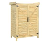 Outsunny armario de exterior de madera, caseta de jardín exterior con techo de metal galvanizado, estantes, 2 puertas, ganchos, cobertizo de jardín para almacenaje herramientas, 71,5x39x95 cm, natural