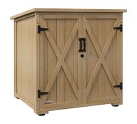 Outsunny Armario de jardín, armario para herramientas, cobertizo para herramientas resistente a la intemperie, armario de madera con puerta doble, cobertizo para jardín, balcón, natural, 77,5 x 88 x 9