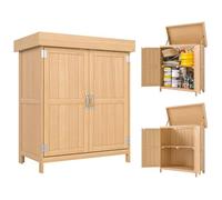 Outsunny Armario de Jardín de Madera 74x43x88 cm con 2 Puertas Natural | Cobertizo Exterior, para Almacenamiento de Herramientas Leñas, Techo Asfáltico Abatible