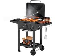 Outsunny barbacoa de carbón portátil, barbacoa de carbón móvil con bandeja y ventilación ajustable, estantes laterales, termómetro, tapa, cajón de cenizas, ruedas, puerta frontal, asa, negro 101.5 cm