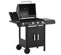Outsunny Barbacoa de gas BBQ 3+1 quemadores 11,6 kW, 2 mesas laterales, termómetro, ruedas, Negro