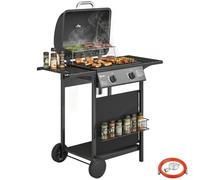 Outsunny barbacoa de gas bbq gas con 2 quemadores 5 kw, barbacoa portátil con termómetro, mesas laterales, estante, rejilla calentadora, encendido piezoeléctrico, bandeja de grasa y 2 ruedas, negro 56