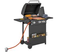 Outsunny Barbacoa de Gas BBQ Gas 3+1 Quemadores 8,5 kW Portátil Negro | Mesa Lateral, Parrilla, Termómetro, 2 Ruedas, Recogedor de Grasa, para Exterior Jardín Camping