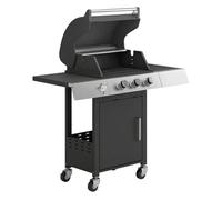 Outsunny Barbacoa de Gas BBQ Gas con 3 Quemadores 8,1 kW Barbacoa Portátil con Termómetro Mesas Laterales Armario Rejilla Calentadora Parrillas de Hierro Fundido Recogedor Grasa y 4 Ruedas Negro Black