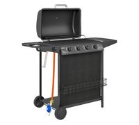 Outsunny barbacoa de gas bbq gas con 4+1 quemadores 12 kw barbacoa portátil con termómetro mesa lateral estante especiero parrilla recogedor de grasa 2 ruedas para jardín exterior camping negro