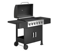 Outsunny Barbacoa de Gas BBQ Gas con 6 Quemadores 15 kW Barbacoa Portátil con Termómetro Tapa 2 Mesas Laterales Armario Rejilla Calentadora Parrilla Recogedor Grasa Asa 2 Ruedas Negro Black