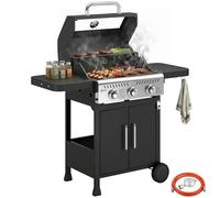 Outsunny barbacoa de gas bbq gas portátil con 3 quemadores 7,5 kw termómetro mesas laterales plegables armario rejilla calentadora parrilla plancha tapa con ventana recogedor y recipiente grasa ruedas