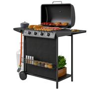 Outsunny Barbacoa de Gas BBQ Gas Portátil 4+1 Quemadores 12 kW Negro | Estante Especiero, Termómetro, Mesa Lateral, 2 Ruedas, Parrilla, Recogedor de Grasa, para Exterior Jardín Camping