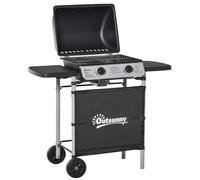 Outsunny Barbacoa de Gas con 2 Quemadores 5,6 KW BBQ 104x49x99 cm Negro | BBQ de Gas Portátil, 2 Ruedas, 2 Mesas Laterales, Parrillas de Acero, para Camping Picnic