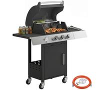 Outsunny Barbacoa de Gas BBQ Gas con 3 Quemadores 8,1 kW Barbacoa Portátil con Termómetro Mesas Laterales Armario Rejilla Calentadora Parrillas de Hierro Fundido Recogedor Grasa y 4 Ruedas Negro Black