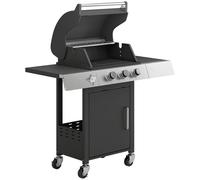 Outsunny Barbacoa de Gas con 3 Quemadores 8,1 kW Termómetro Parrillas Mesas Laterales Armario y Ruedas 109x50x109 cm Negro