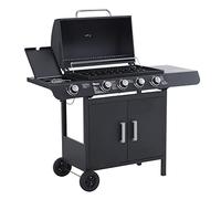 Outsunny Barbacoa de Gas con 4+1 Quemadores 14,4 KW Mesas Laterales Armario de Almacenaje Termómetro y 2 Ruedas Acero Inoxidable BBQ 125x51x100 cm Negro